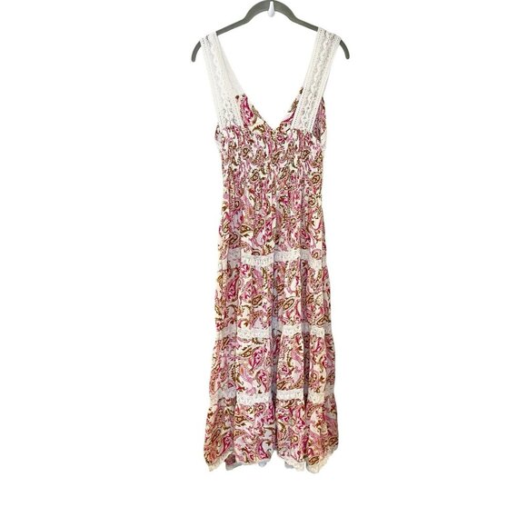 Ethnix‎ Lace Tiered Paisley V-Neck Festival Midi Dress Smocked Boho Cottagecore - Picture 2 of 6